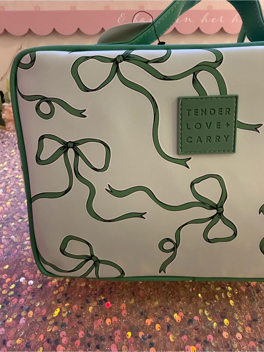 NWT Tender Love + Care Toiletry Weekender Bag in “Green Bows” Pattern